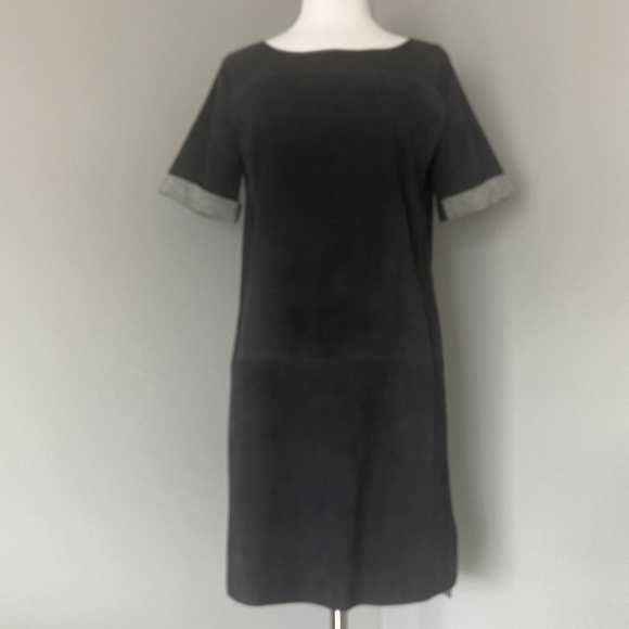 VINCE Navy Bonded Suede Night Out Navy Shift High Low Goat Leather Dress - Picture 2 of 15